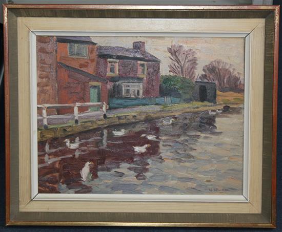 William Warden (1908-1982) Ducks on a canal, Maghall, Liverpool, 14 x 18in.